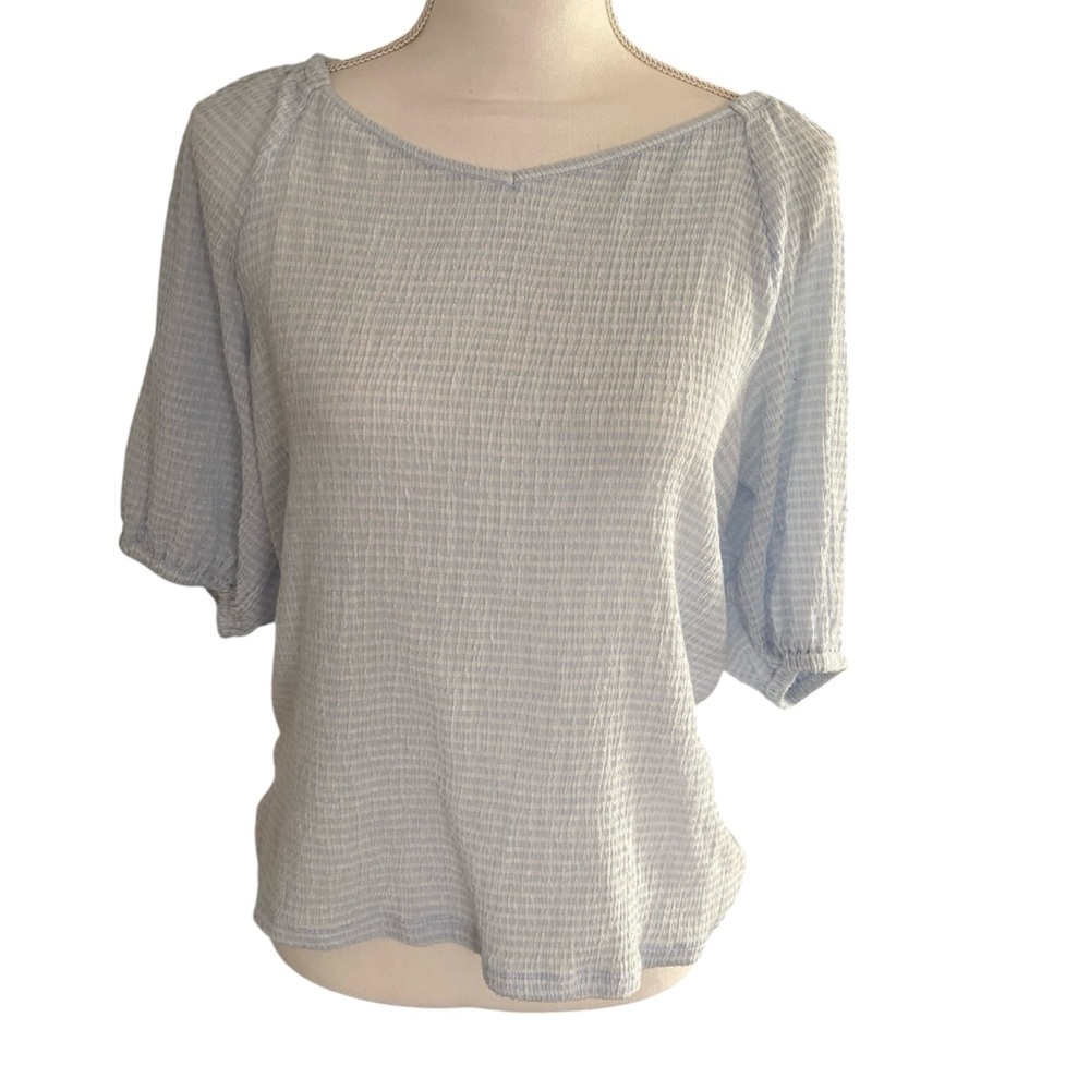 LOFT Light Blue Textured Puff Sleeve Blouse | Size L